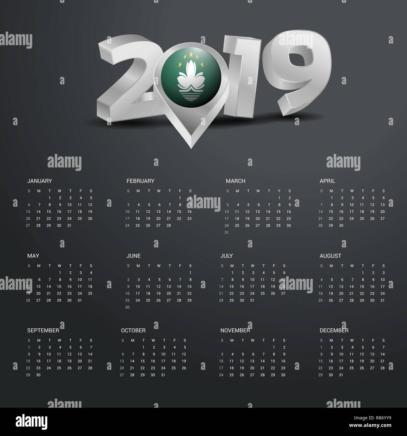 2019 Vorlage Kalender. Grau Typografie mit Macau Land Karte Golden Typografie Header Stock Vektor