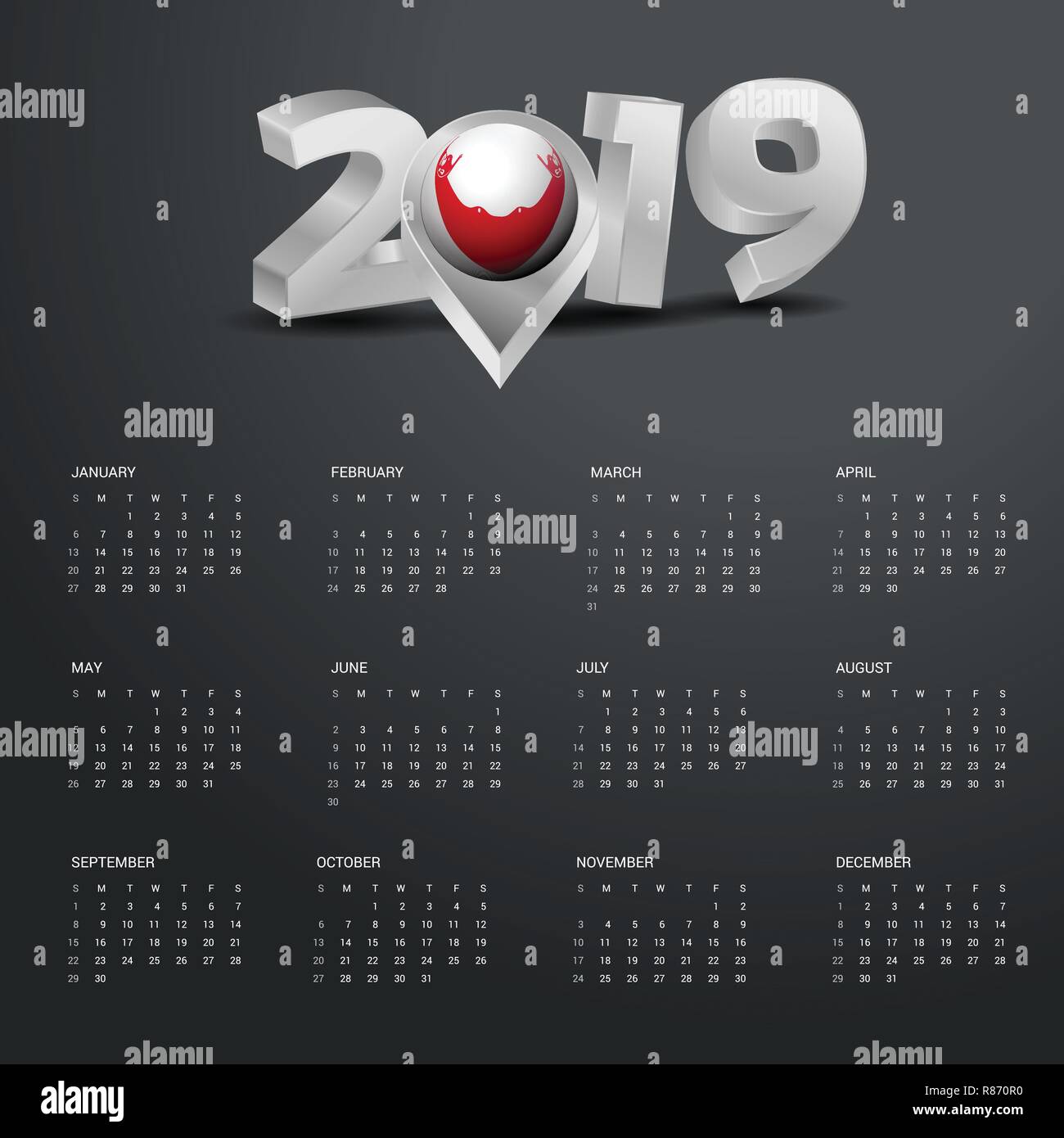 2019 Vorlage Kalender. Grau Typografie mit Osterinsel Rapa Nui Land Karte Golden Typografie Header Stock Vektor