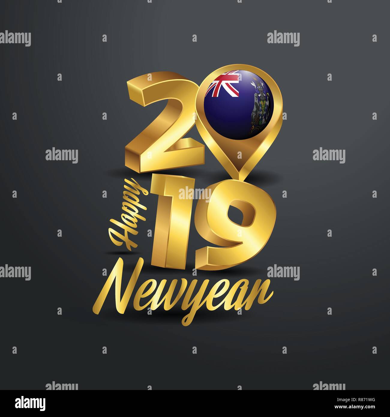 Frohes Neues Jahr 2019 Golden Typografie mit South Georgia Flagge Lage Pin. Land Flagge Design Stock Vektor