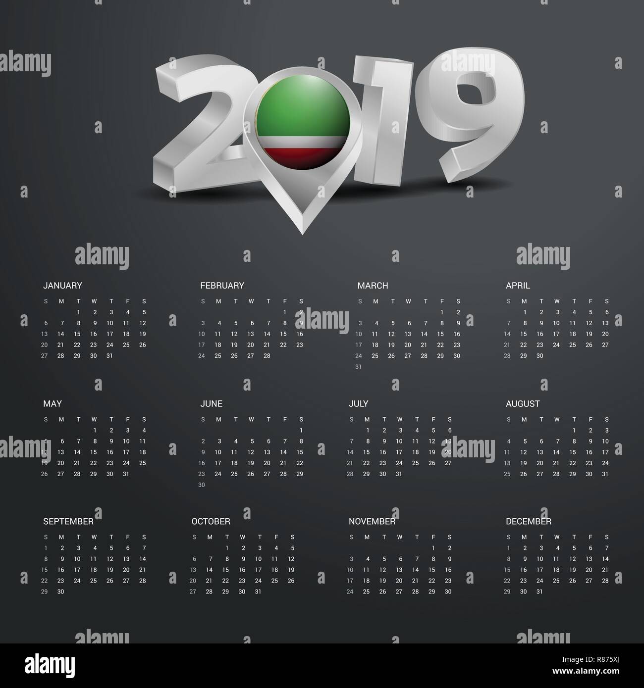 2019 Vorlage Kalender. Grau Typografie mit Tschetschenischen Republik Land Karte Golden Typografie Header Stock Vektor