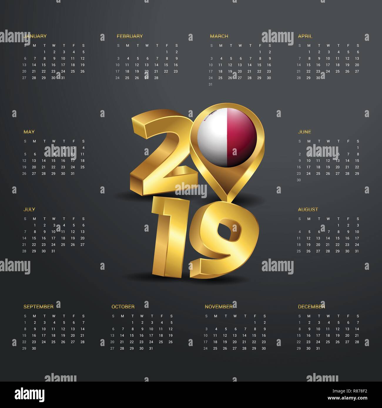 2019 Vorlage Kalender. Golden Typografie mit Malta Land Karte Golden Typografie Header Stock Vektor