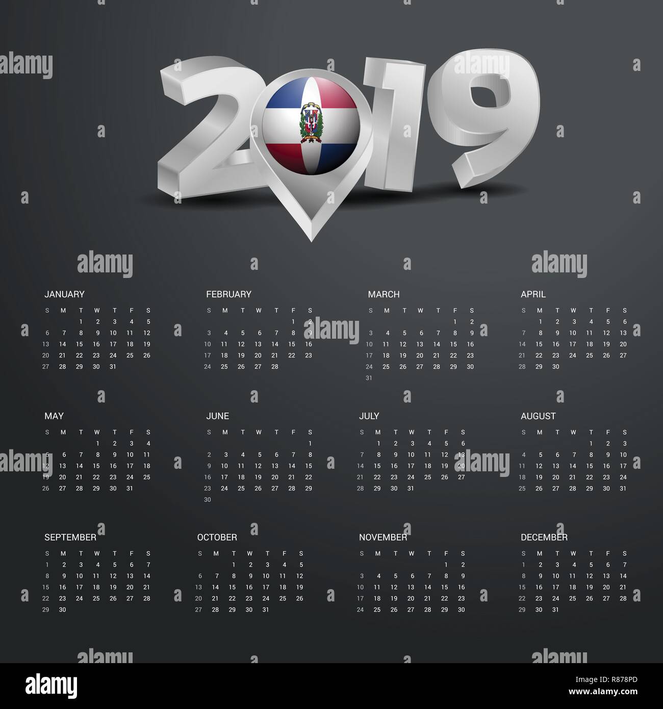 2019 Vorlage Kalender. Grau Typografie mit Dominikanische Republik Land Karte Golden Typografie Header Stock Vektor