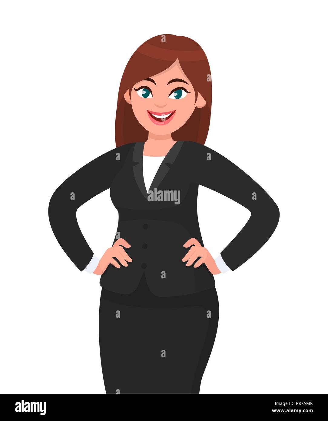 Selbstbewusste junge Geschäftsfrau in schwarzen formellen Anzug hält die Hände auf Hüften und lächelnd, während isoliert weißen Hintergrund stehen. Geschäftsfrau Konzept Stock Vektor