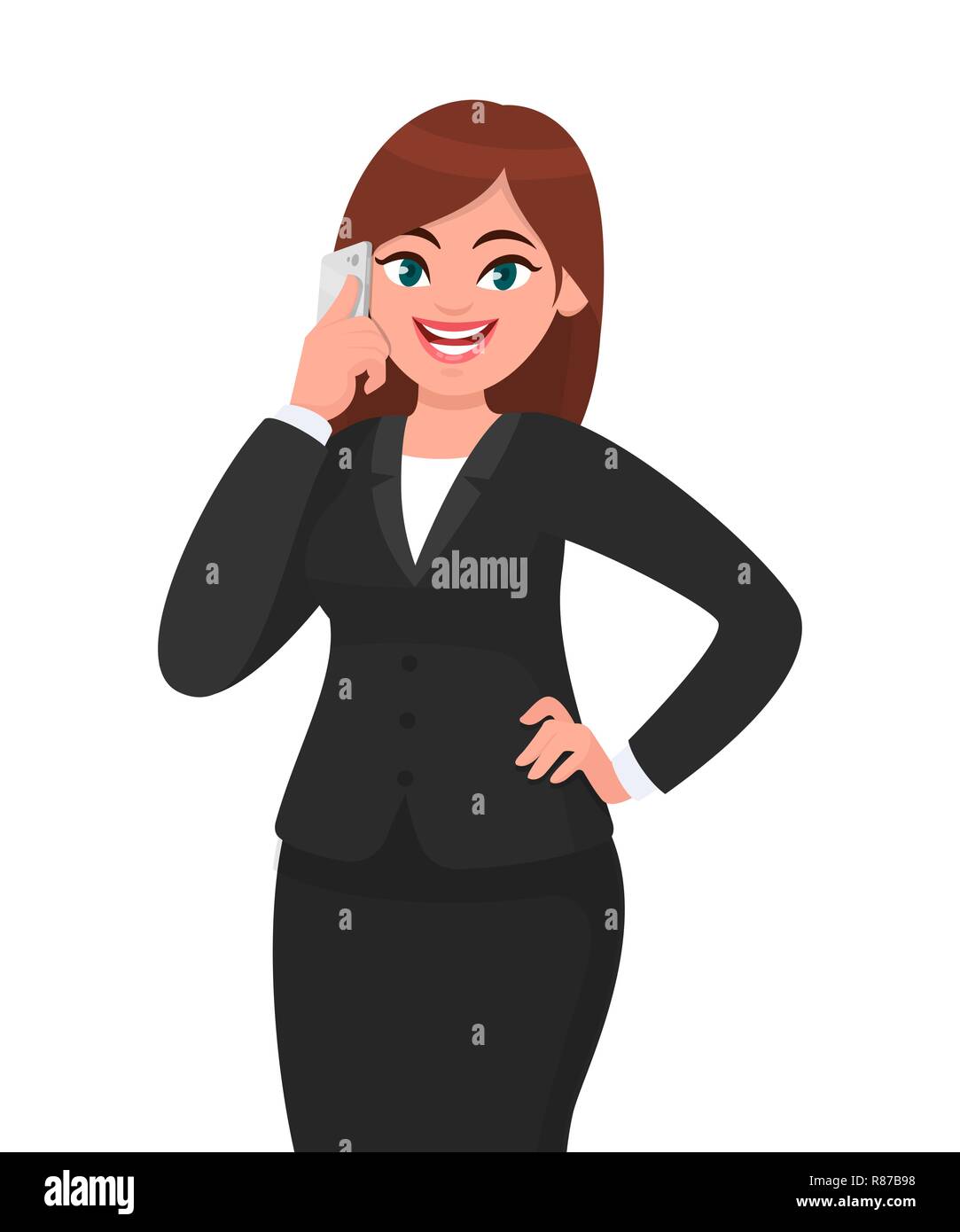 Glückliche Geschäftsfrau, die am Telefon spricht, die Hand an der Hüfte hält. Telekommunikation, Technologie und Mobile- oder Smartphone-Konzeptdarstellung im Vektor. Stock Vektor
