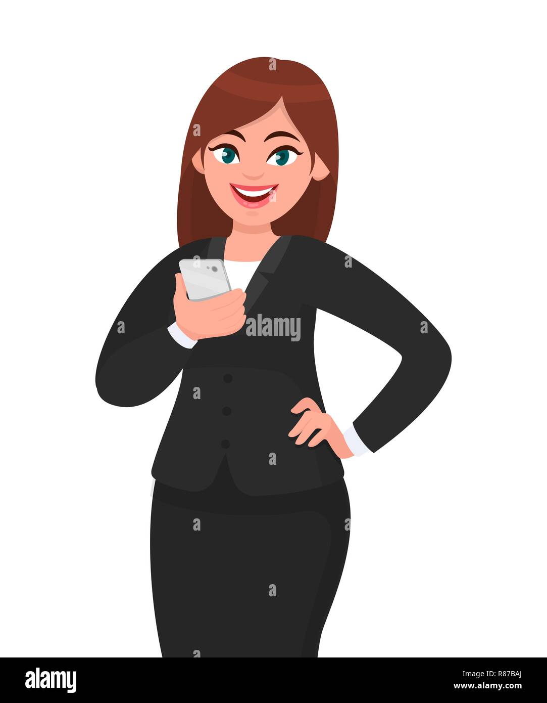 Happy Geschäftsfrau holding Smartphone und Hand posiert auf Hüfte. Handy, Technik, Mobile Apps Konzeption Illustration in Vektor Cartoon Stil. Stock Vektor