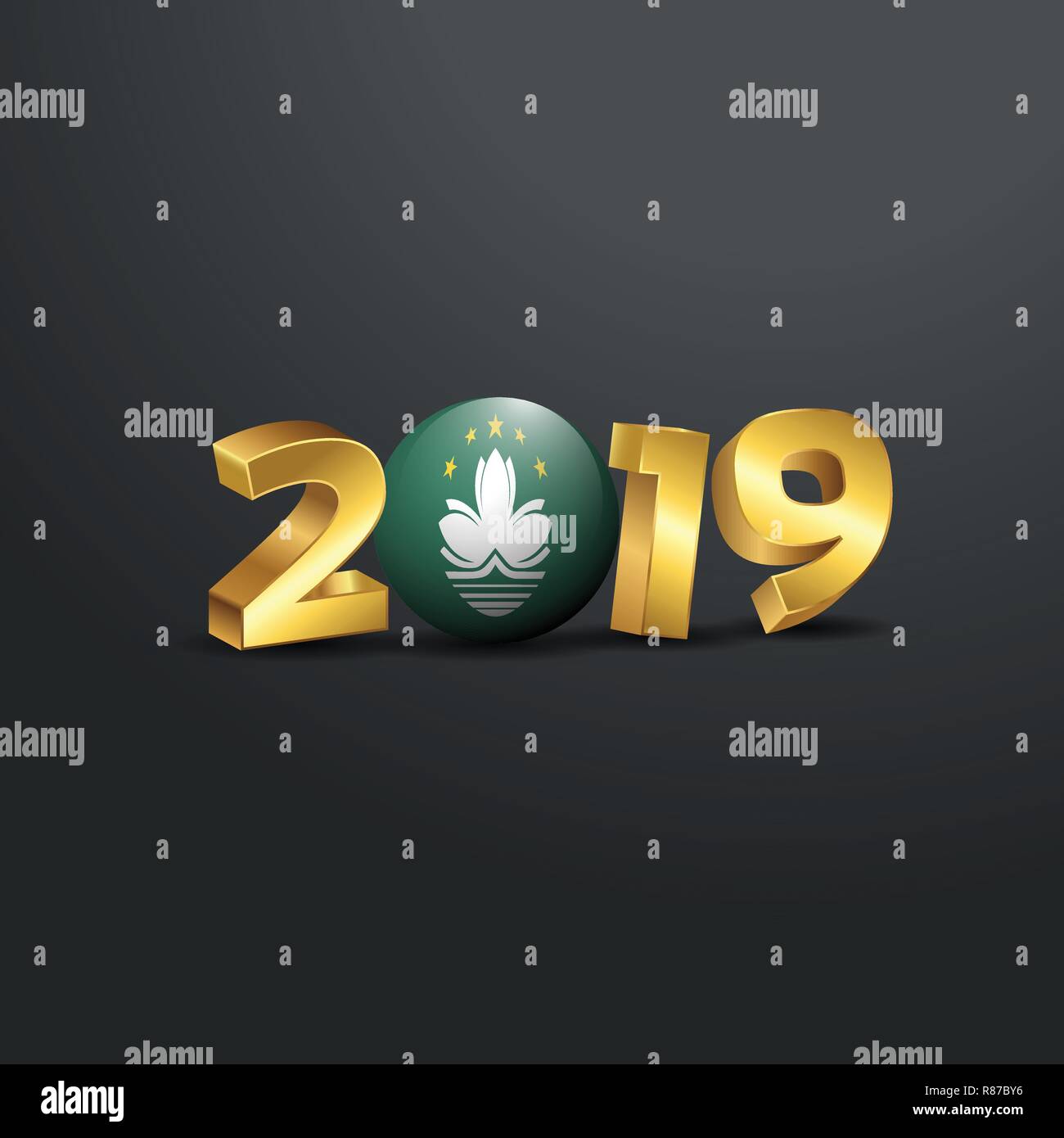 2019 Goldene Typografie mit Macau Flagge. Frohes Neues Jahr Schriftzug Stock Vektor