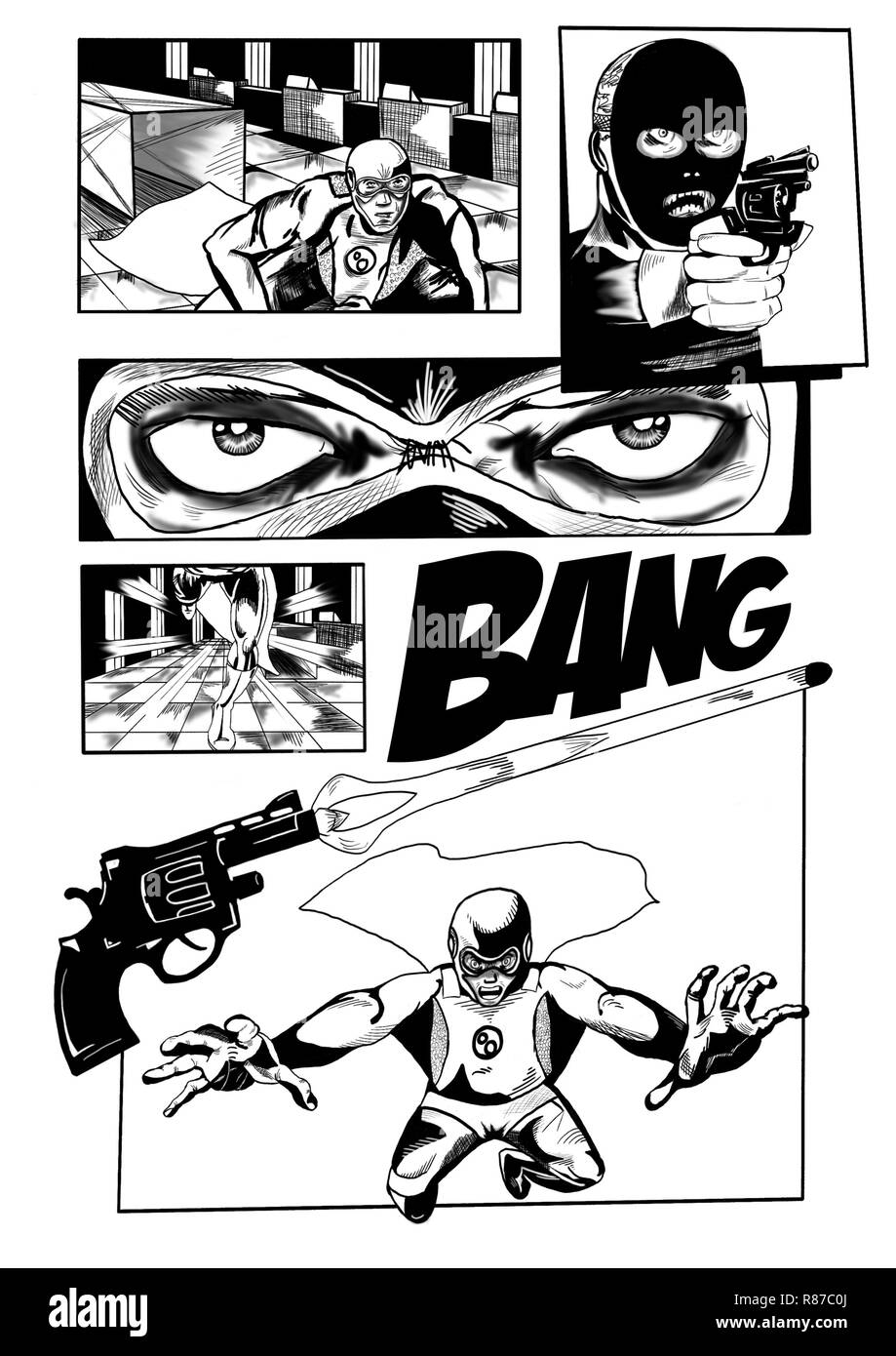 Ein Schwarz/Weiß Comic Seite verfügt über keine Sprechblasen für den fiktionalen Superhelden Bubbleman. Digital gezeichnet. Stockfoto