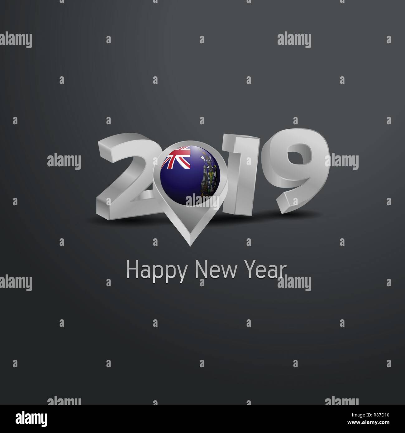 Frohes Neues Jahr 2019 Grau Typografie mit South Georgia Flagge Lage Pin. Land Flagge Design Stock Vektor
