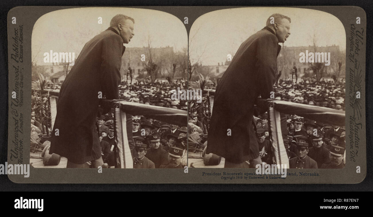 Präsident Theodore Roosevelt Rede, Grand Island, Nebraska, USA, Stereo Karte, Underwood & Underwood, 1903 Stockfoto