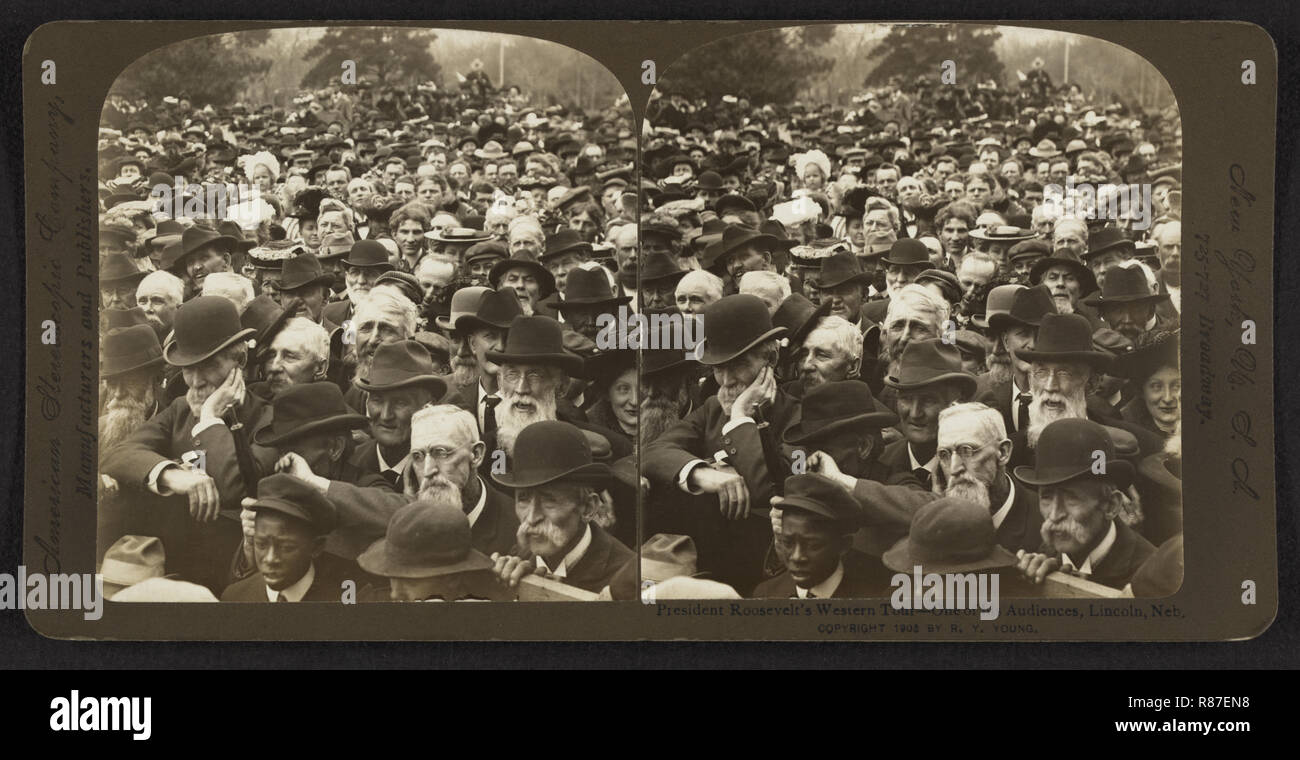 Große Menschenmenge in Präsident Theodore Roosevelts Rede, Lincoln, Nebraska, USA, Stereo Karte, R.Y. Junge, Amerikanische Stereoscopic Company, 1903 Stockfoto