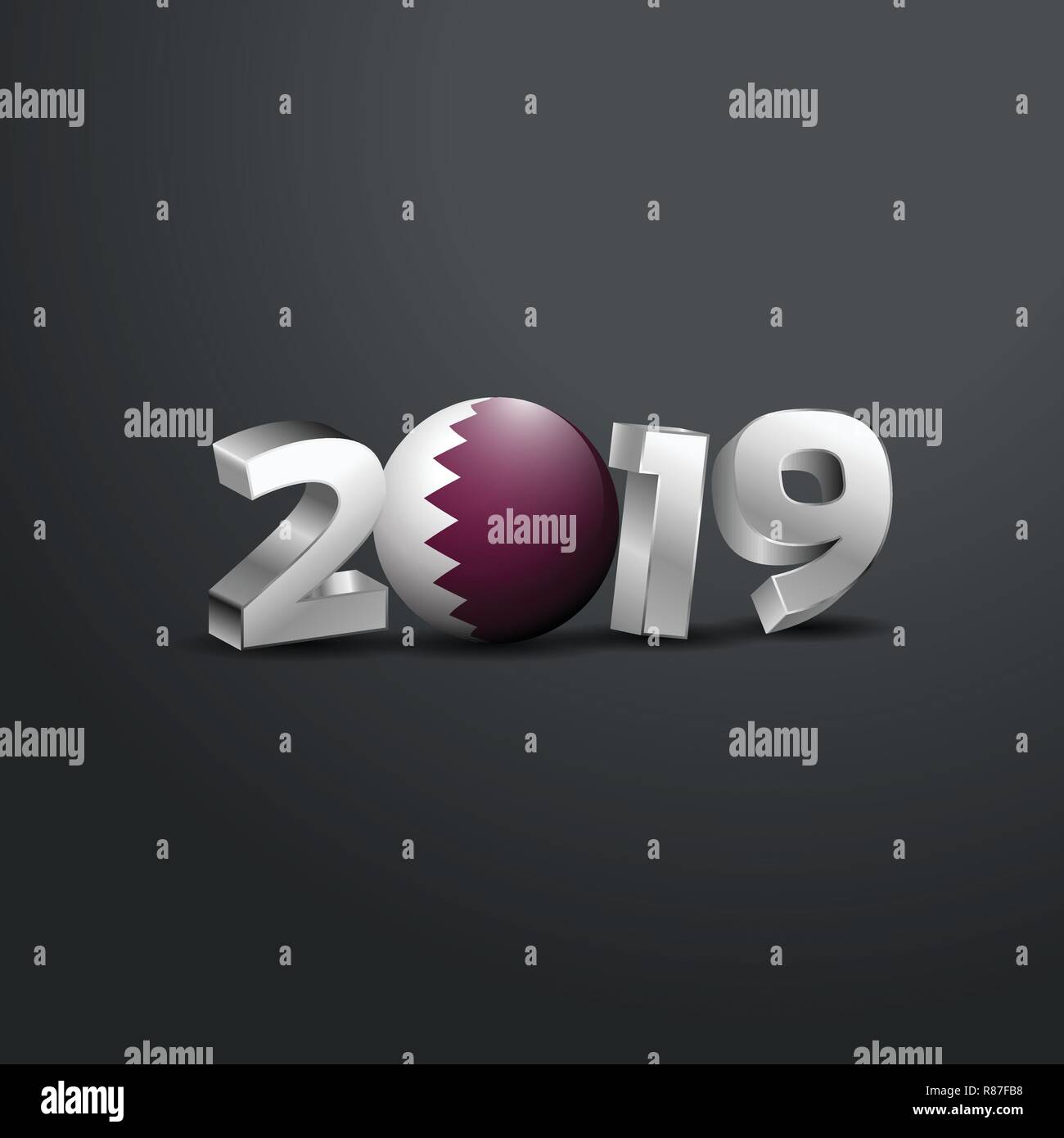 2019 Grau Typografie mit Katar Flagge. Frohes Neues Jahr Schriftzug Stock Vektor