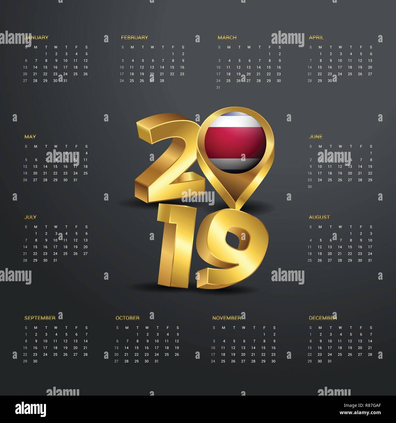 2019 Vorlage Kalender. Golden Typografie mit Costa Rica Land Karte Golden Typografie Header Stock Vektor