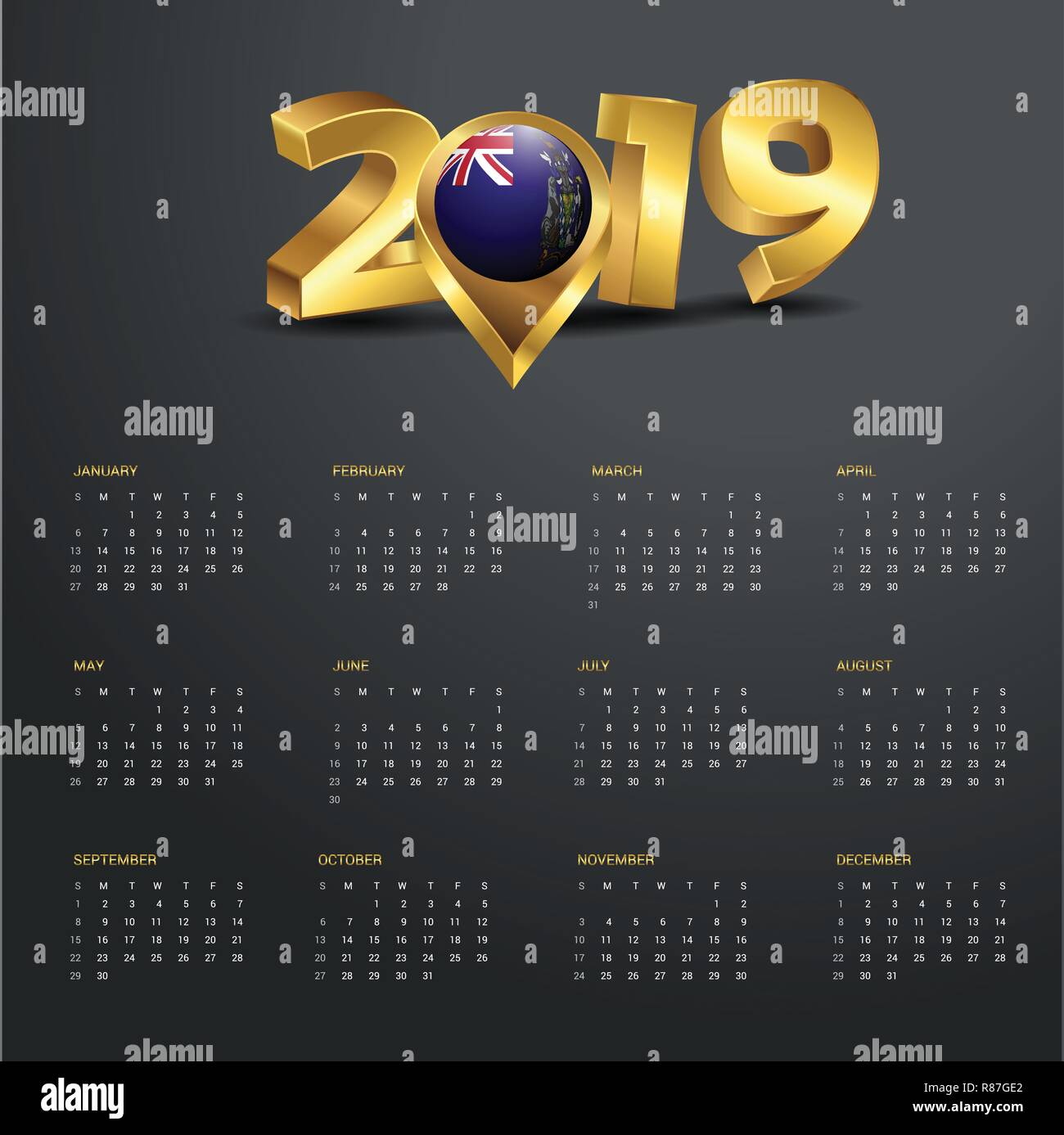 2019 Vorlage Kalender. South Georgia Land Karte Golden Typografie Header Stock Vektor