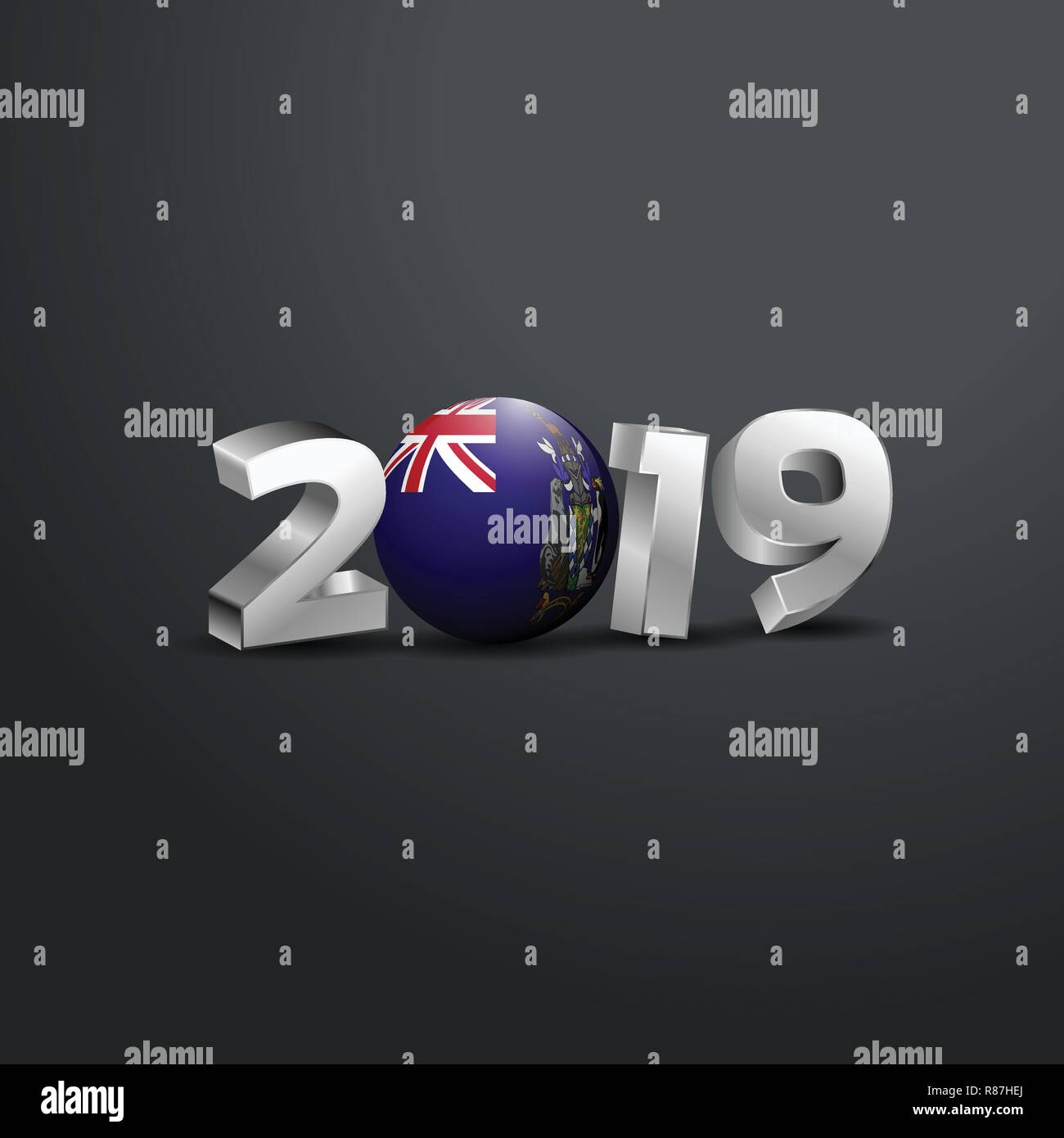 2019 Grau Typografie mit South Georgia Flagge. Frohes Neues Jahr Schriftzug Stock Vektor
