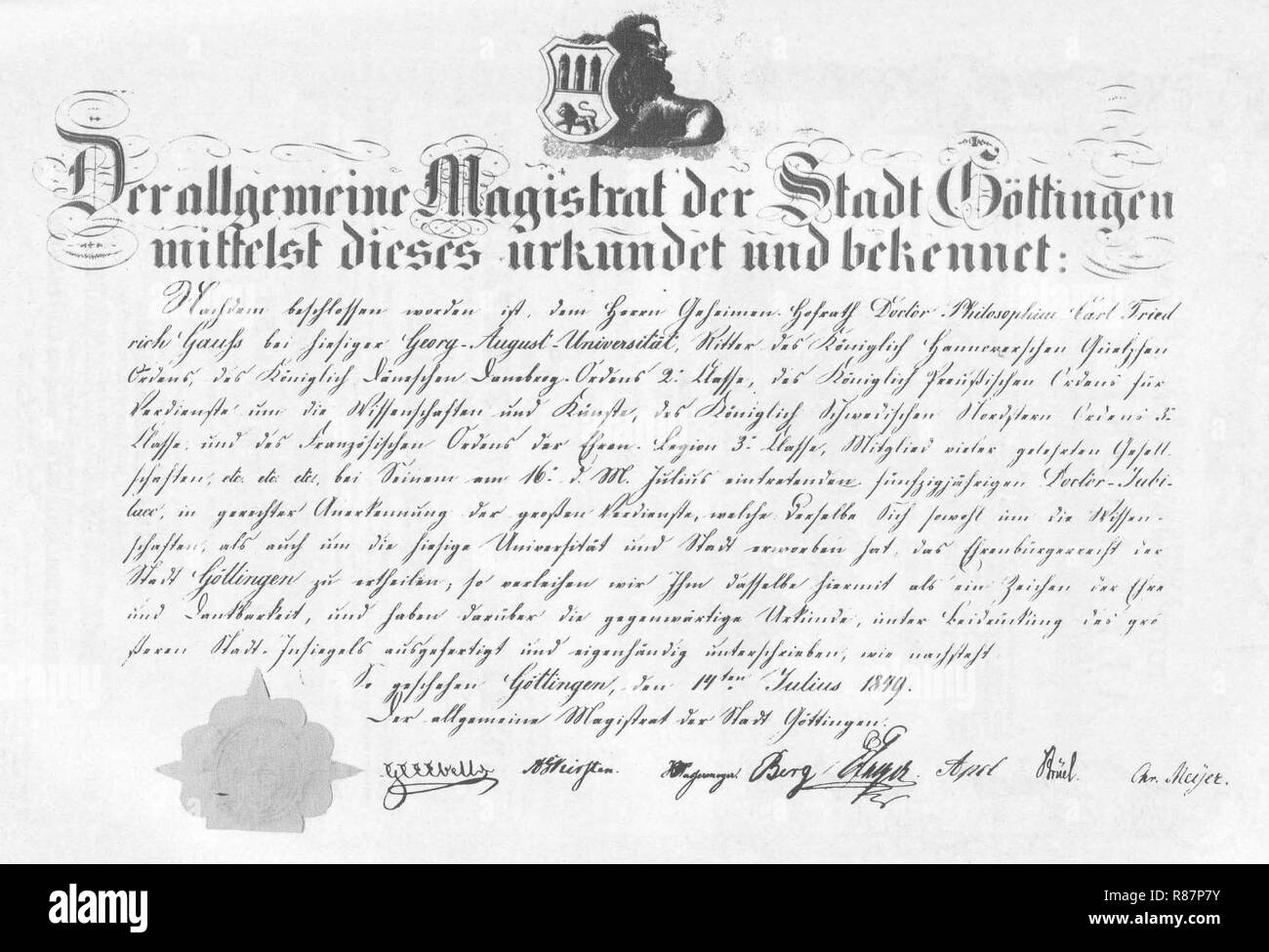 Carl Friedrich Gauß, Ehrenbürgerbrief der Stadt Göttingen. Stockfoto