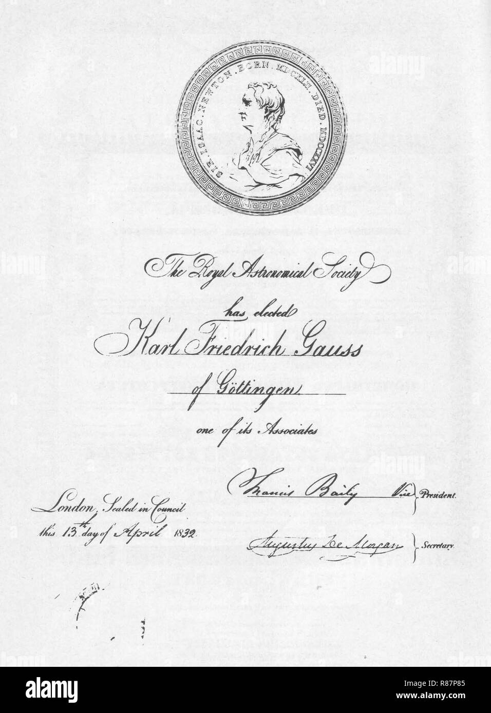 Carl Friedrich Gauß, mitgliedsdiplom der Royal Astronomical Society in London. Stockfoto