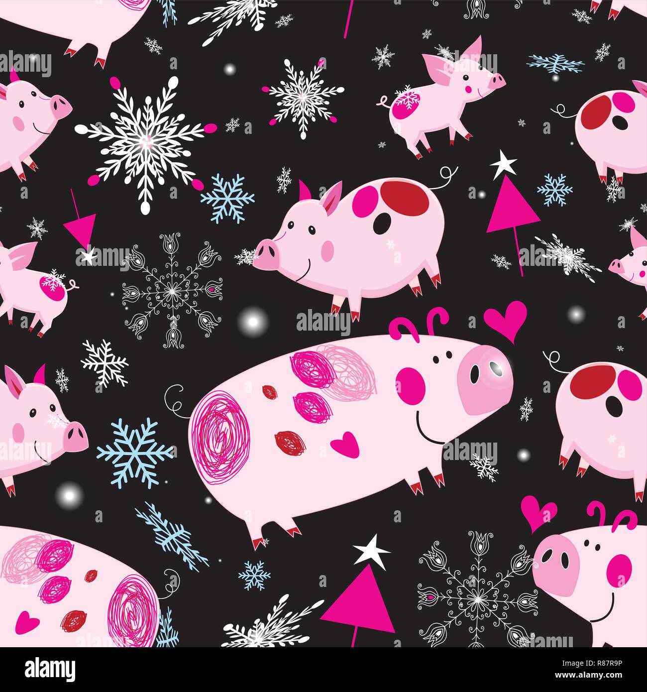 Nahtlose festliche Weihnachten Muster mit rosa Ferkel auf einem dunklen Hintergrund mit Schneebällen und Weihnachtsbäume Stock Vektor