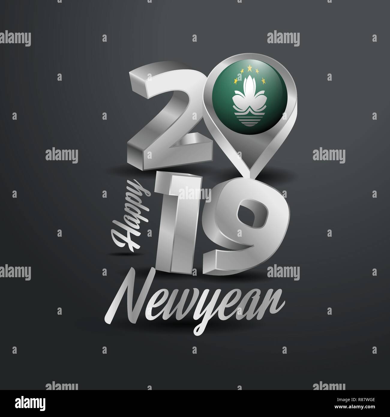 Frohes Neues Jahr 2019 Grau Typografie mit Macau Flagge Lage Pin. Land Flagge Design Stock Vektor