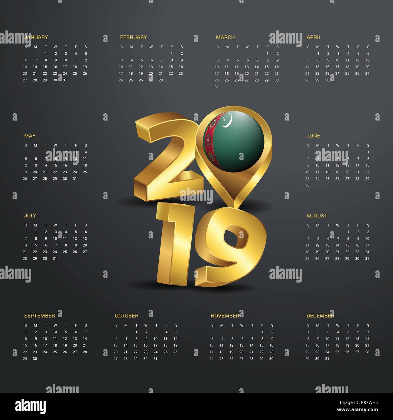 2019 Vorlage Kalender. Golden Typografie mit Turkmenistan Landkarte Golden Typografie Header Stock Vektor