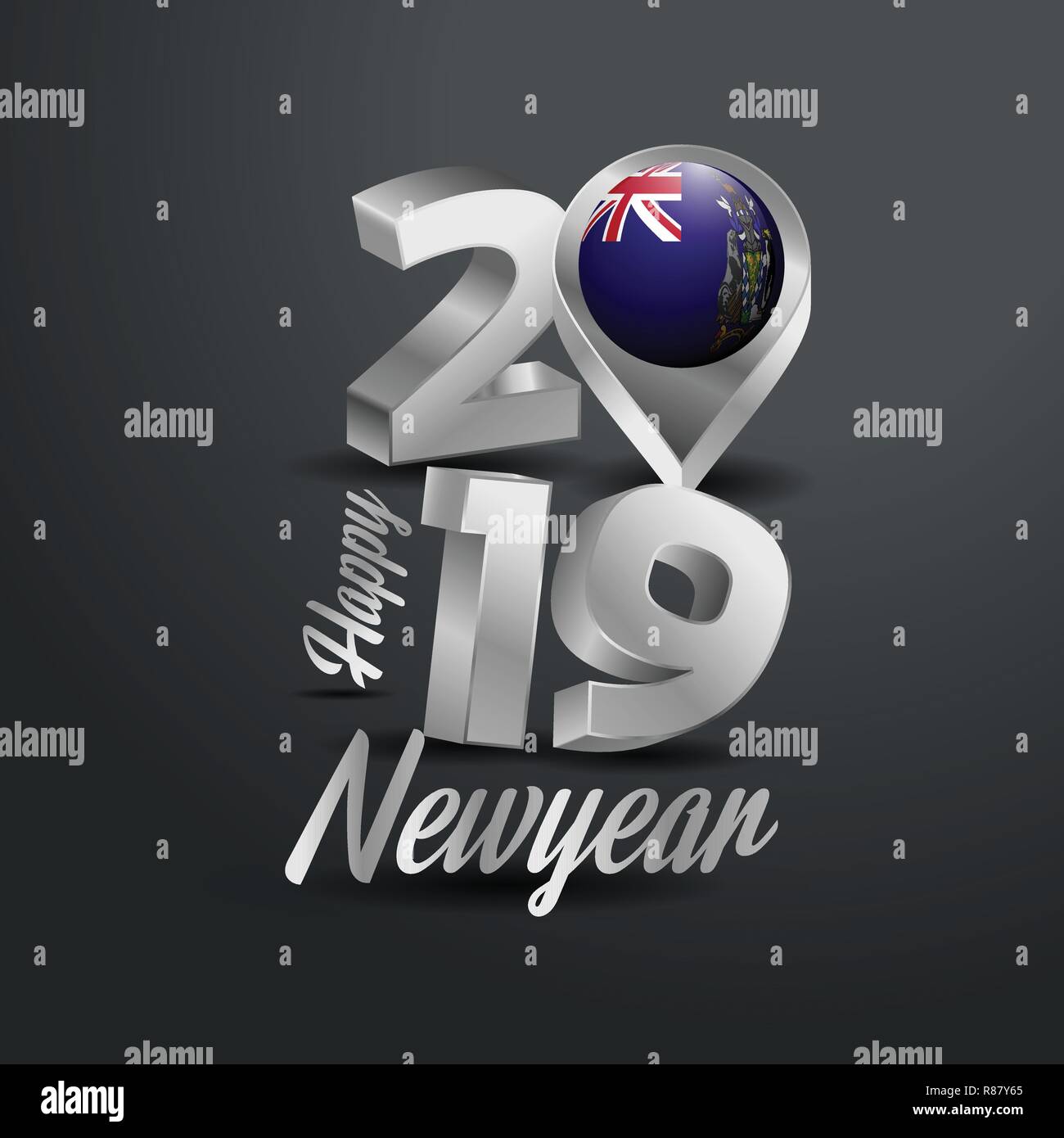Frohes Neues Jahr 2019 Grau Typografie mit South Georgia Flagge Lage Pin. Land Flagge Design Stock Vektor