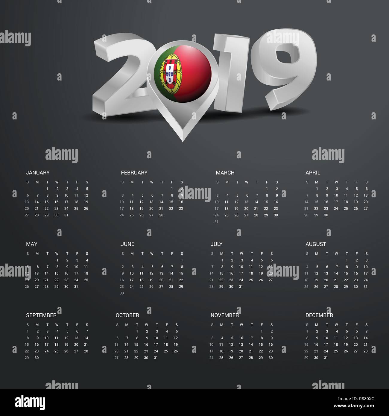 2019 Vorlage Kalender. Grau Typografie mit Portugal Land Karte Golden Typografie Header Stock Vektor