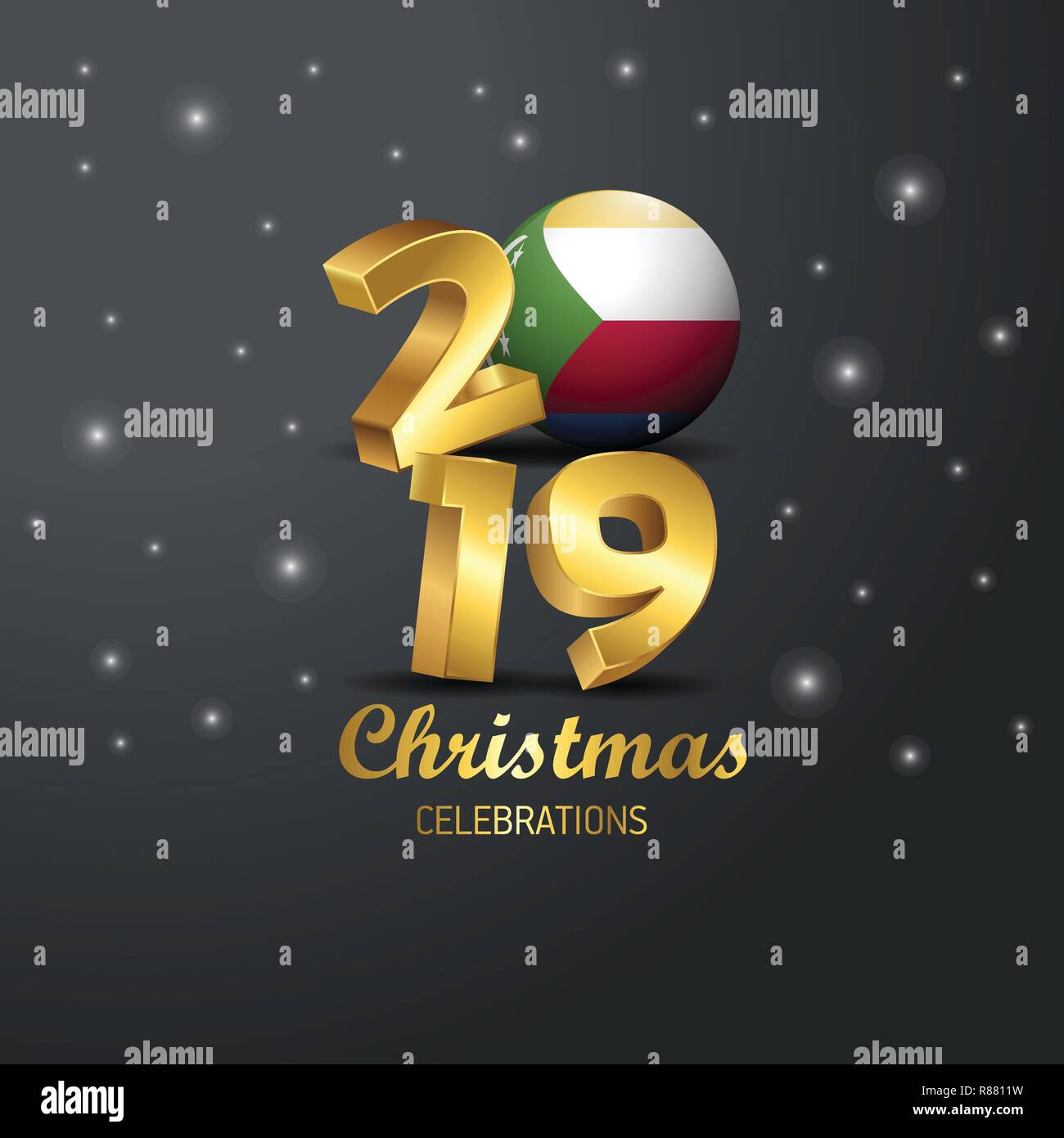 Komoren Fahne 2019 Frohe Weihnachten Typografie. Neues Jahr abstrakten Feier Hintergrund Stock Vektor