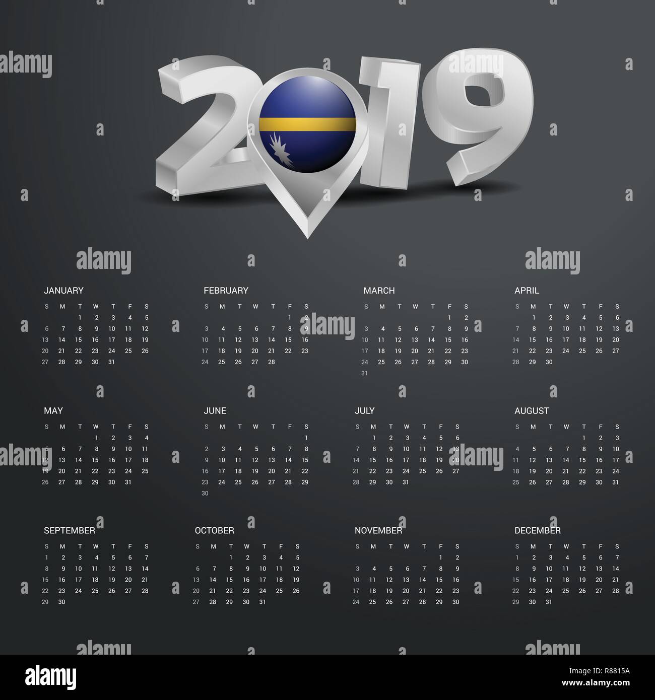 2019 Vorlage Kalender. Grau Typografie mit Nauru Landkarte Golden Typografie Header Stock Vektor