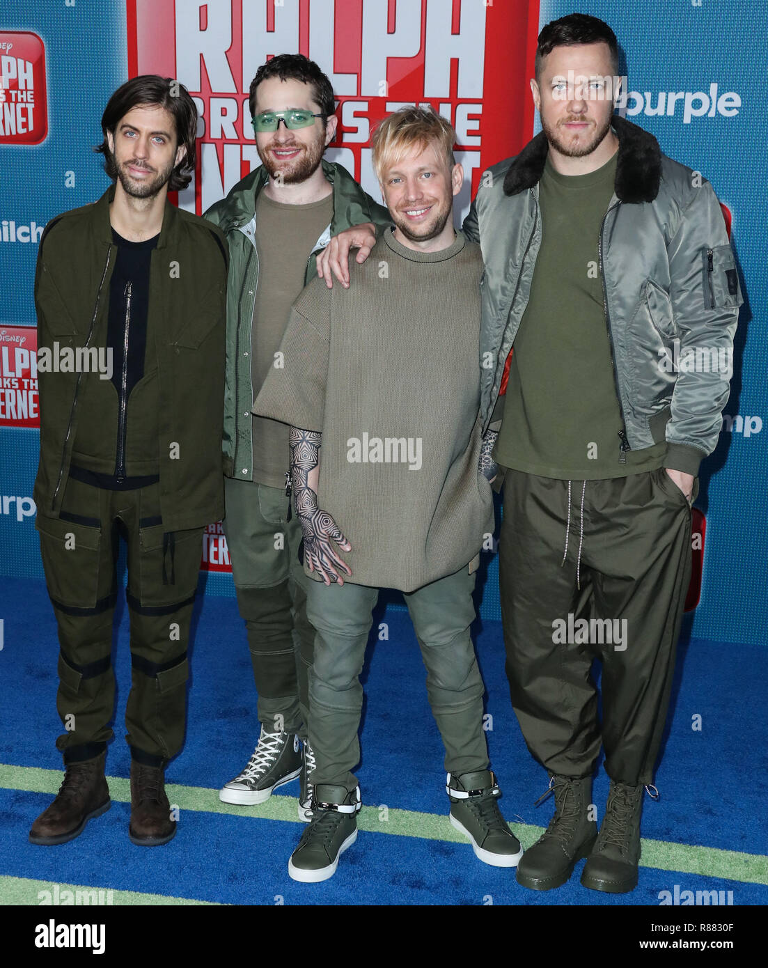 HOLLYWOOD, Los Angeles, CA, USA - 05. NOVEMBER: Wayne Predigt, Daniel Platzman, Ben McKee, Dan Reynolds, Drachen bei der Weltpremiere von Disney's "Ralph vorstellen, bricht das Internet" am El Capitan Theatre statt am 5. November 2018 in Hollywood, Los Angeles, Kalifornien, Vereinigte Staaten. (Foto von Xavier Collin/Image Press Agency) Stockfoto