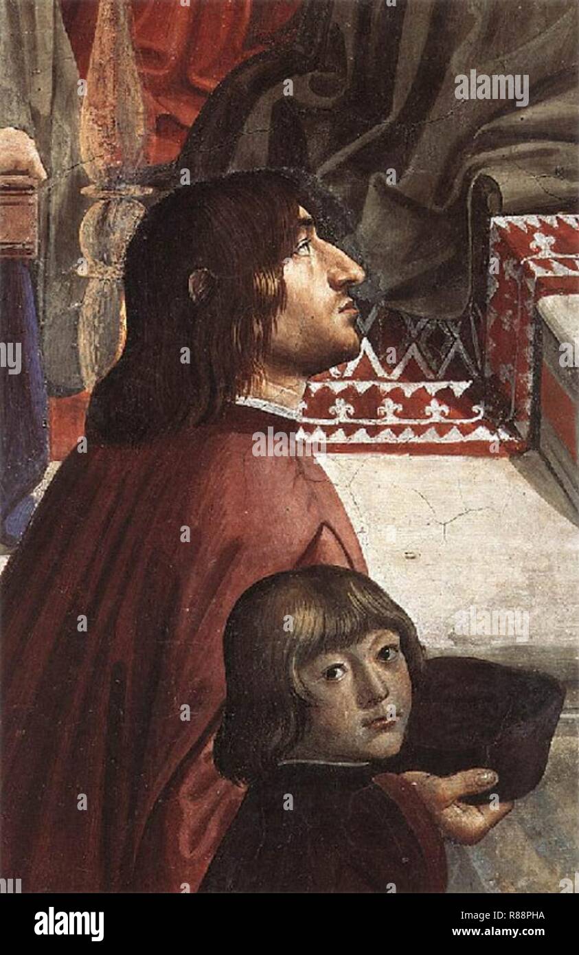 Der Cappella Sassetti, Domenico Ghirlandaio - Angelo Poliziano e Giuliano de Medici. Stockfoto