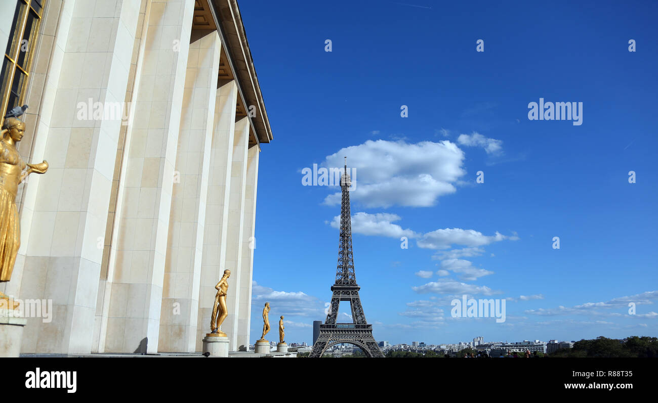 Paris, Frankreich, 17. August 2018: Eiffelturm, Trocadero. Stockfoto