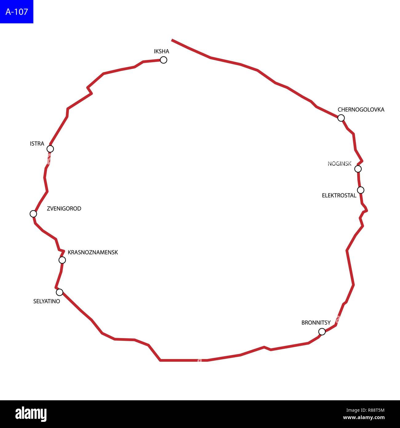 Russische route A107. Autobahn Moskau kleiner Ring Road. Karte von