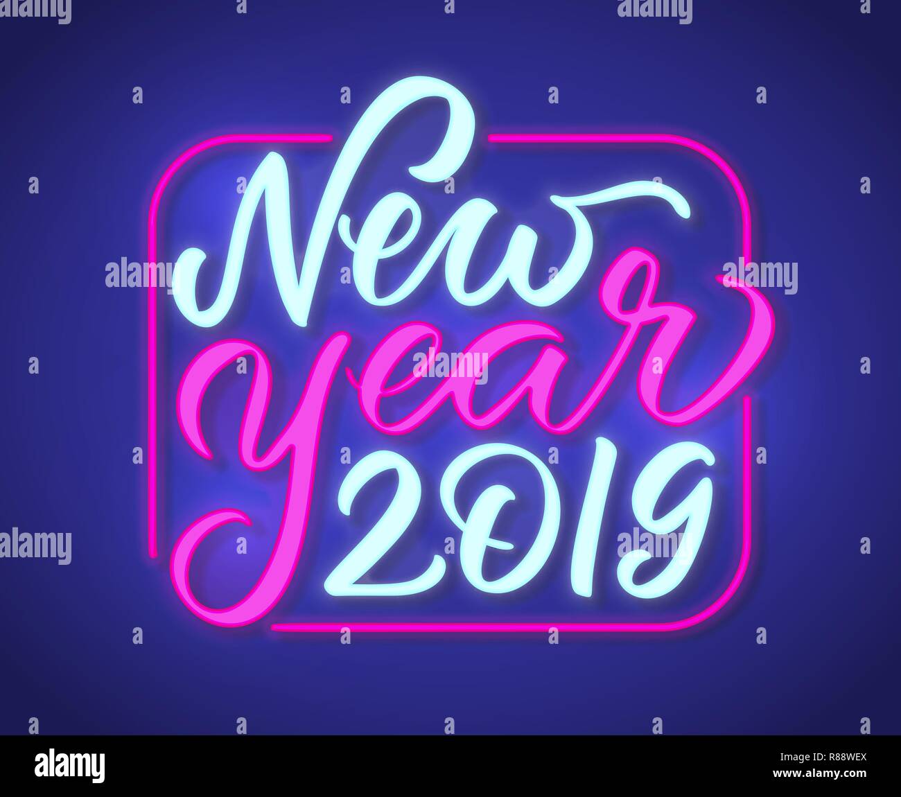 Frohes Neues Jahr Neon Text unterzeichnen. 2019 Neues Jahr Design Template für saisonale Flyer und Begrüßungen oder Plakate. Leichte Banner mit Schriftzug Stock Vektor