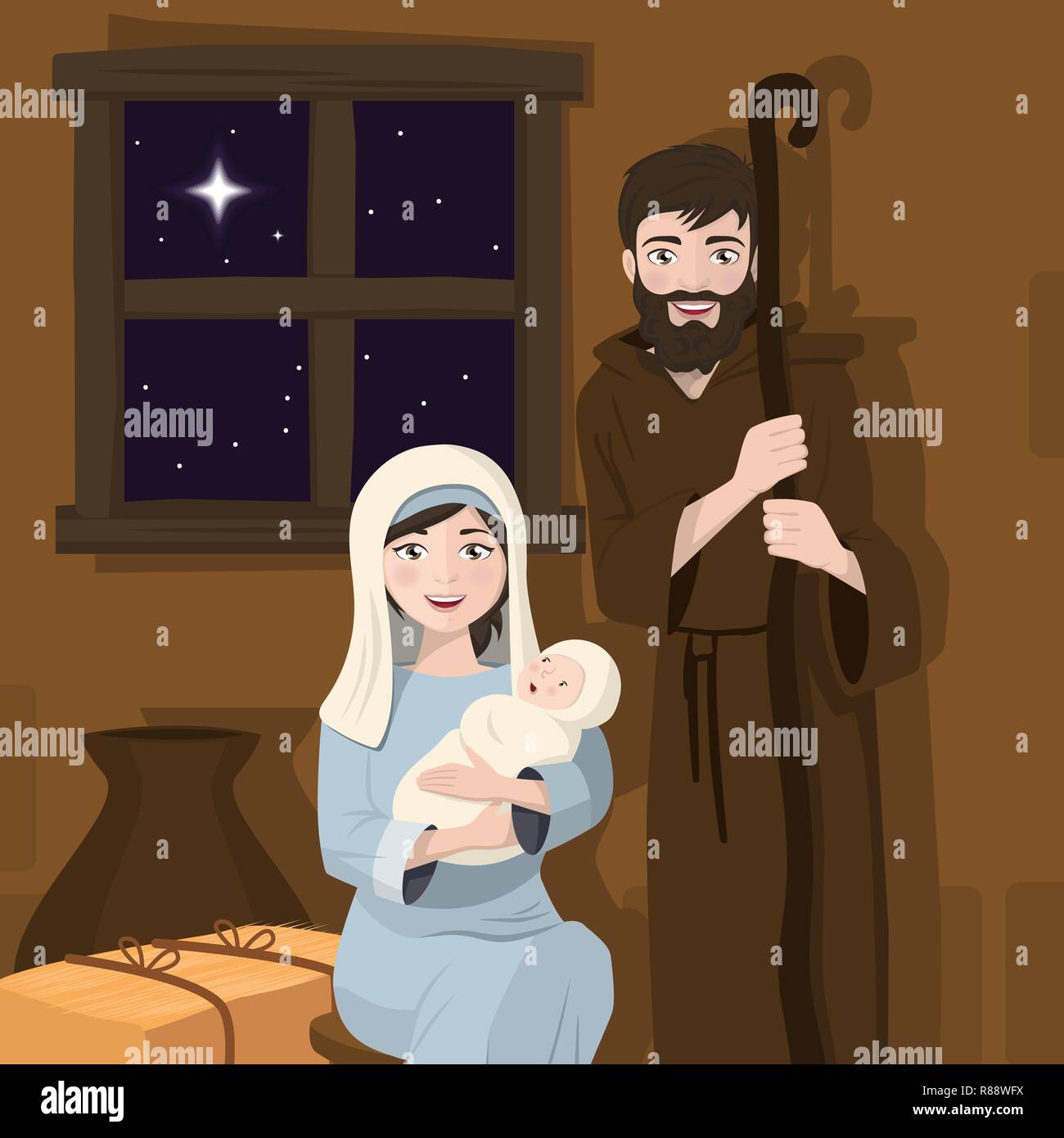 Heilige Familie im Vordergrund. Weihnachten Krippe. Christi Geburt. Vector Illustration Stock Vektor