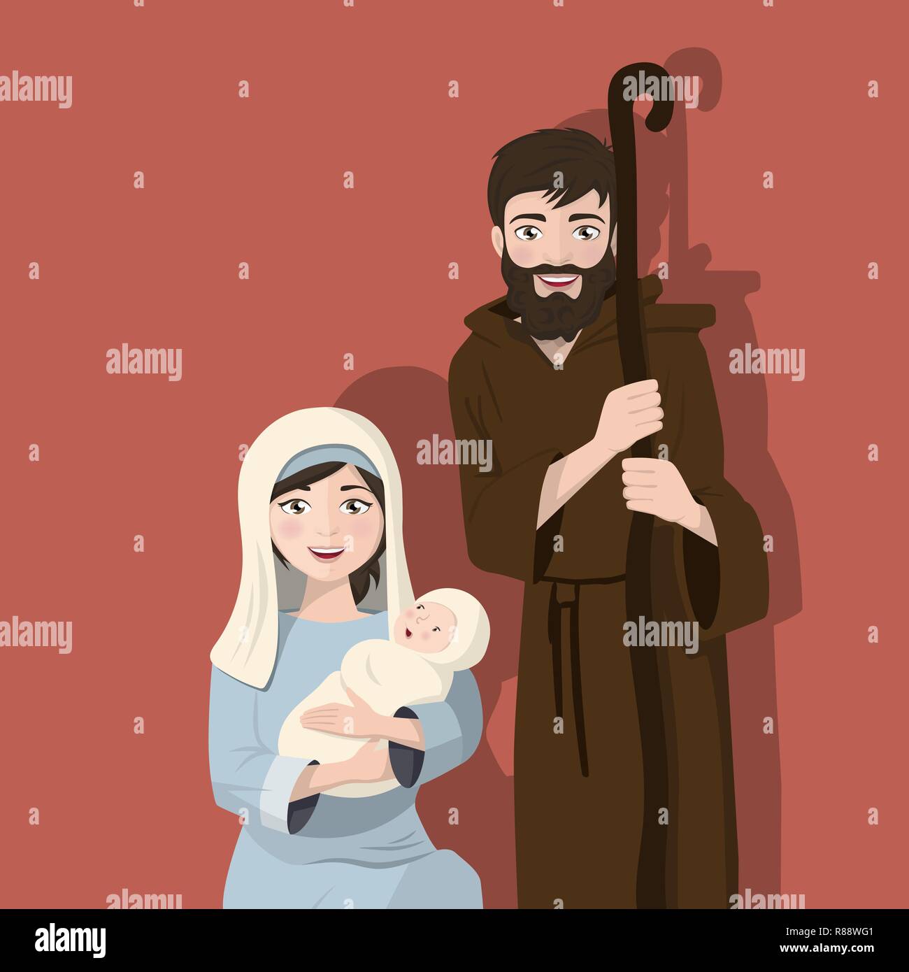 Heilige Familie auf einer flachen Hintergrund. Weihnachten Krippe. Christi Geburt. Vector Illustration Stock Vektor