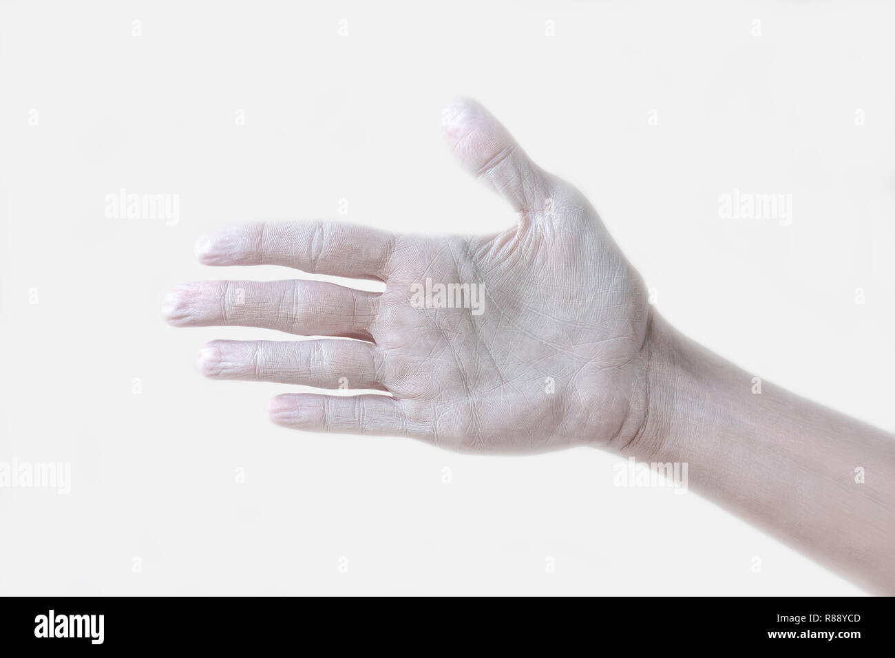 Gesten, Haltungen und Ausdrucksformen mit weiblichen Hände und Finger weiß lackiert mit weißen Hintergrund Stockfoto