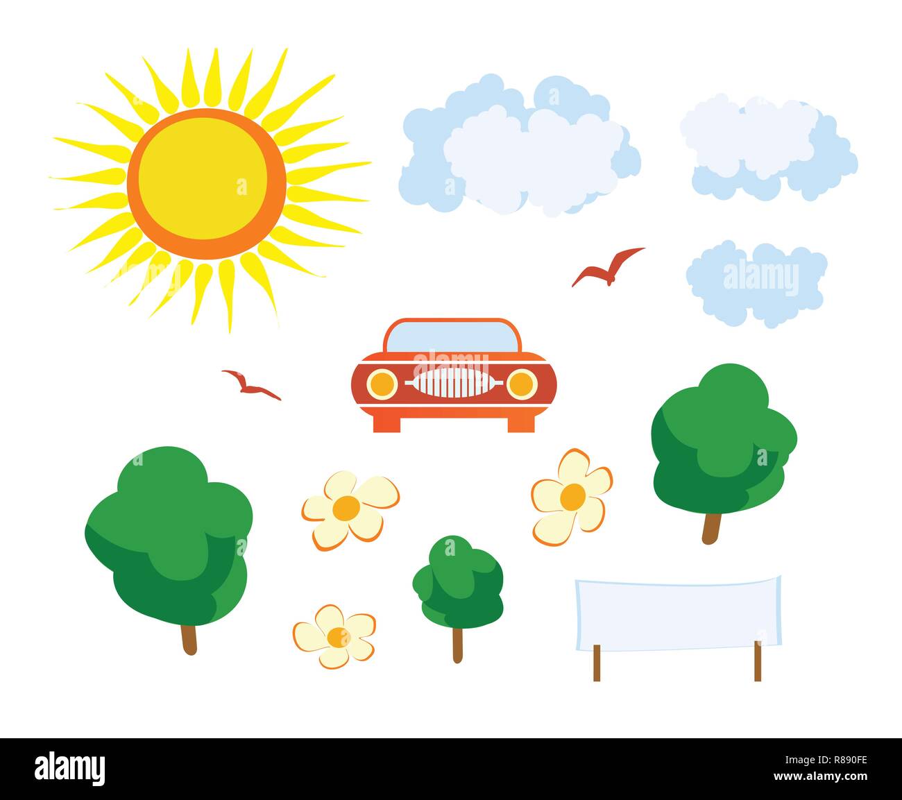 Einstellen der städtischen Infrastruktur Elemente, Auto, Wolken, Sonne Stock Vektor
