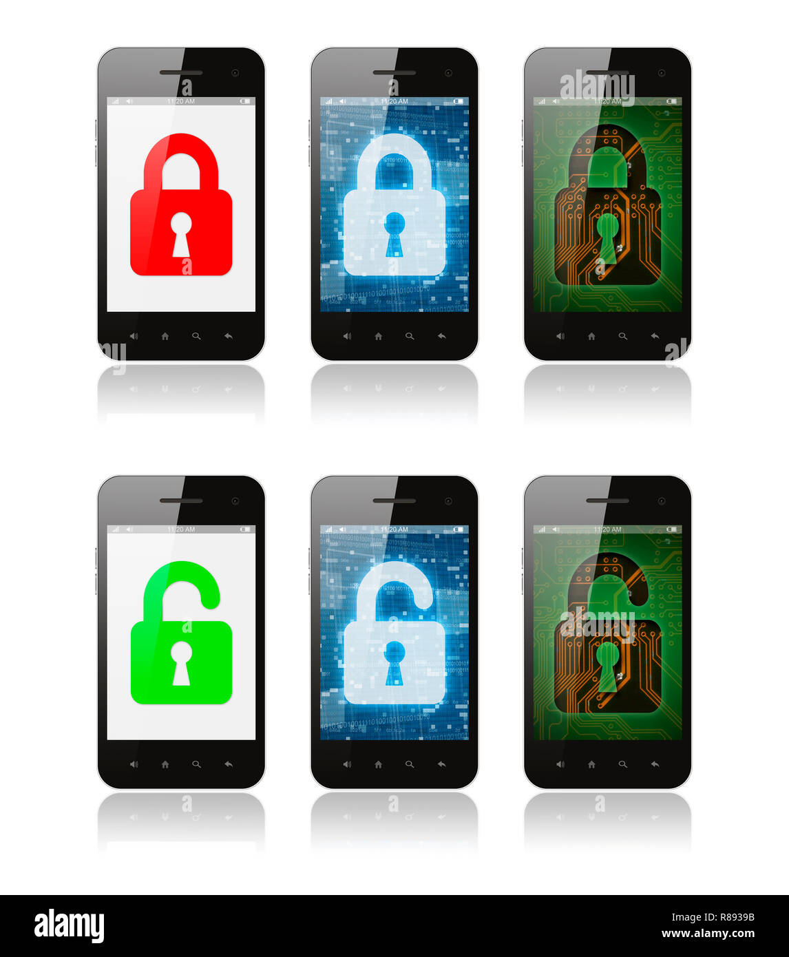 Eingestellt von Smartphones mit Interface Designs Übersicht Cyber Security Konzept, auf weißem Hintergrund Stockfoto