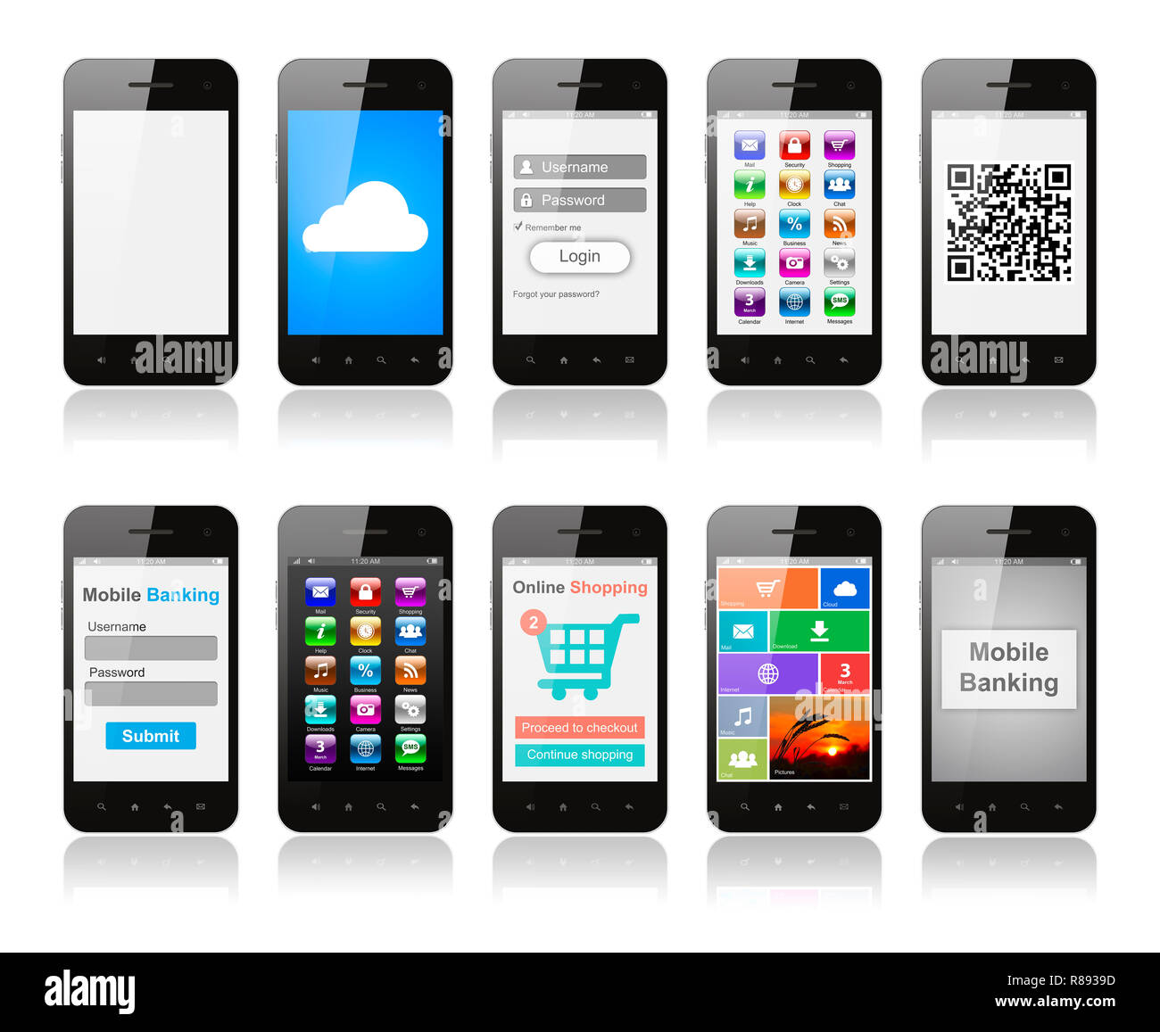 Eingestellt von Smartphones mit Interface Designs mit verschiedenen Funktionen und Apps, auf weißem Hintergrund Stockfoto