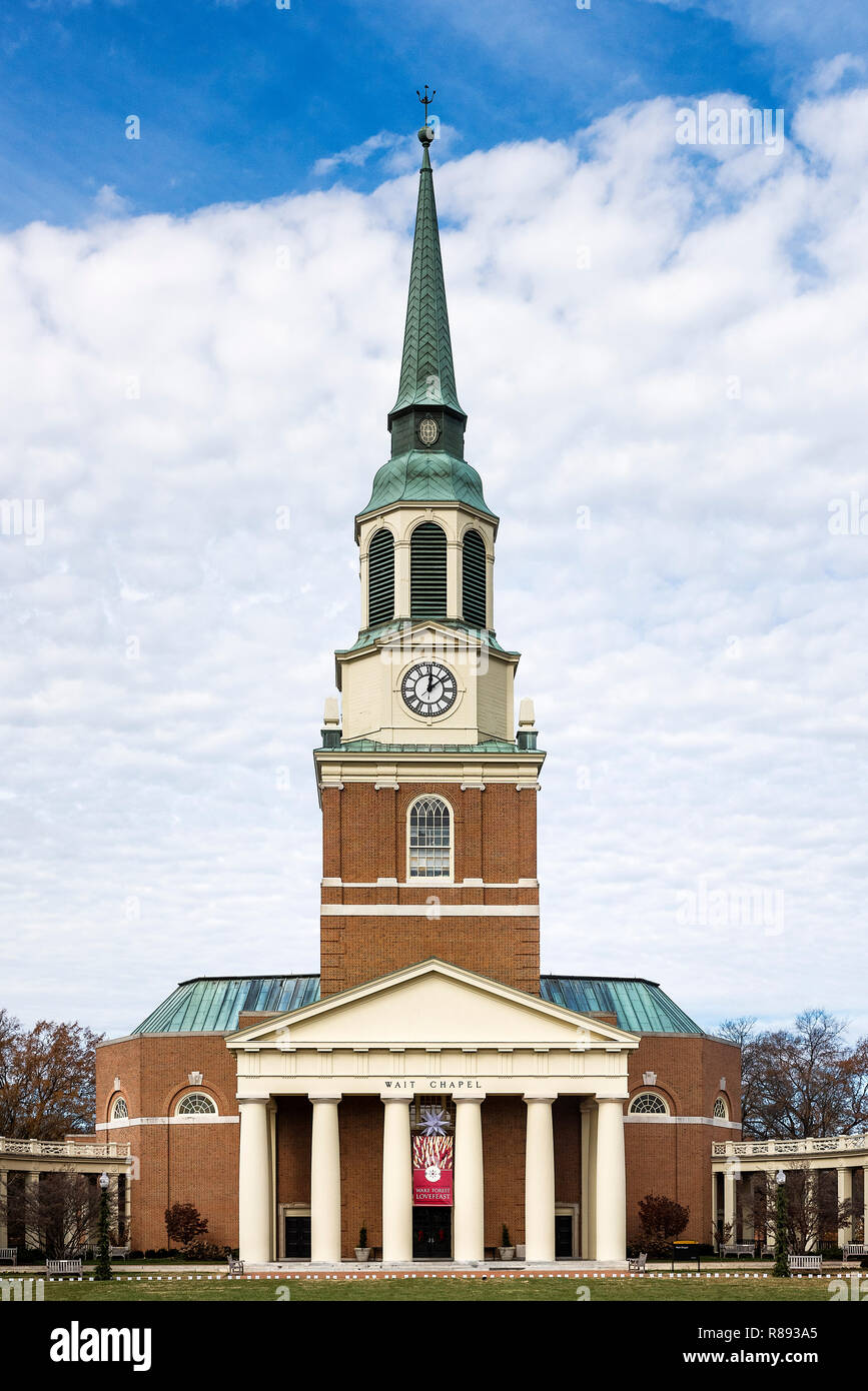 Kapelle auf der Wake Forest University Campus, Winston-Salem, North Carolina, USA warten. Stockfoto