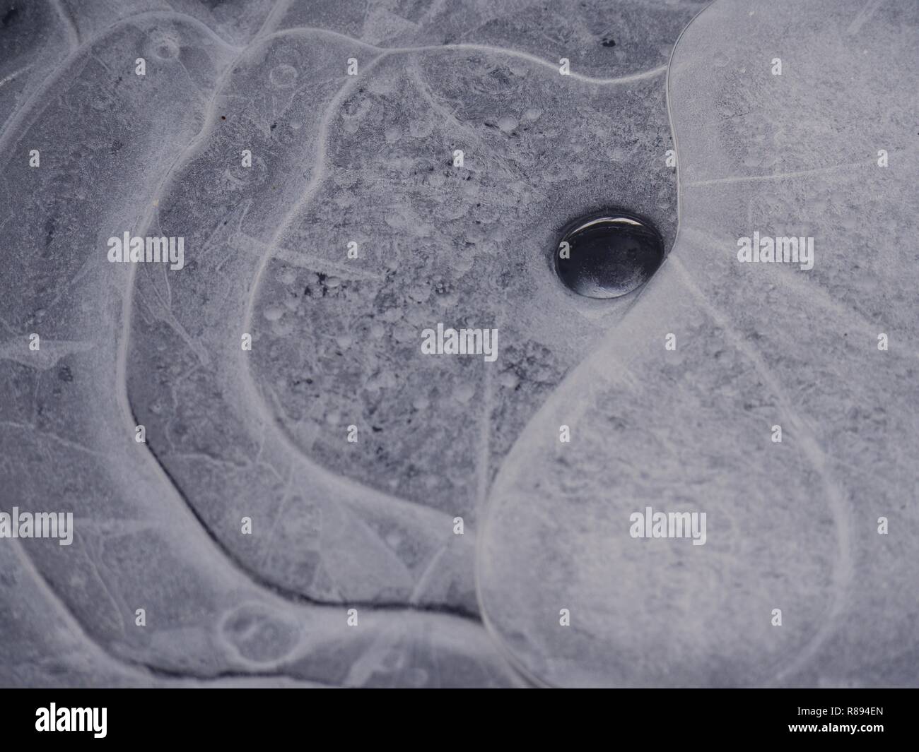 Kreise der Luftblasen im Teich Eis eingefroren. Erstaunliche formen. Klar transparent Eis. Stockfoto