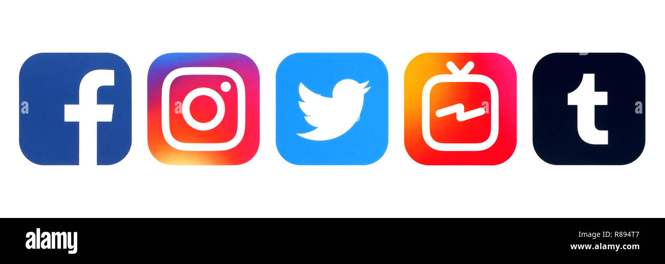 Kiew, Ukraine - August 16, 2018: Sammlung von beliebten Social Media Logos auf weißem Papier gedruckt: Facebook, Twitter, Instagram, IGTV und Tumblr Stockfoto