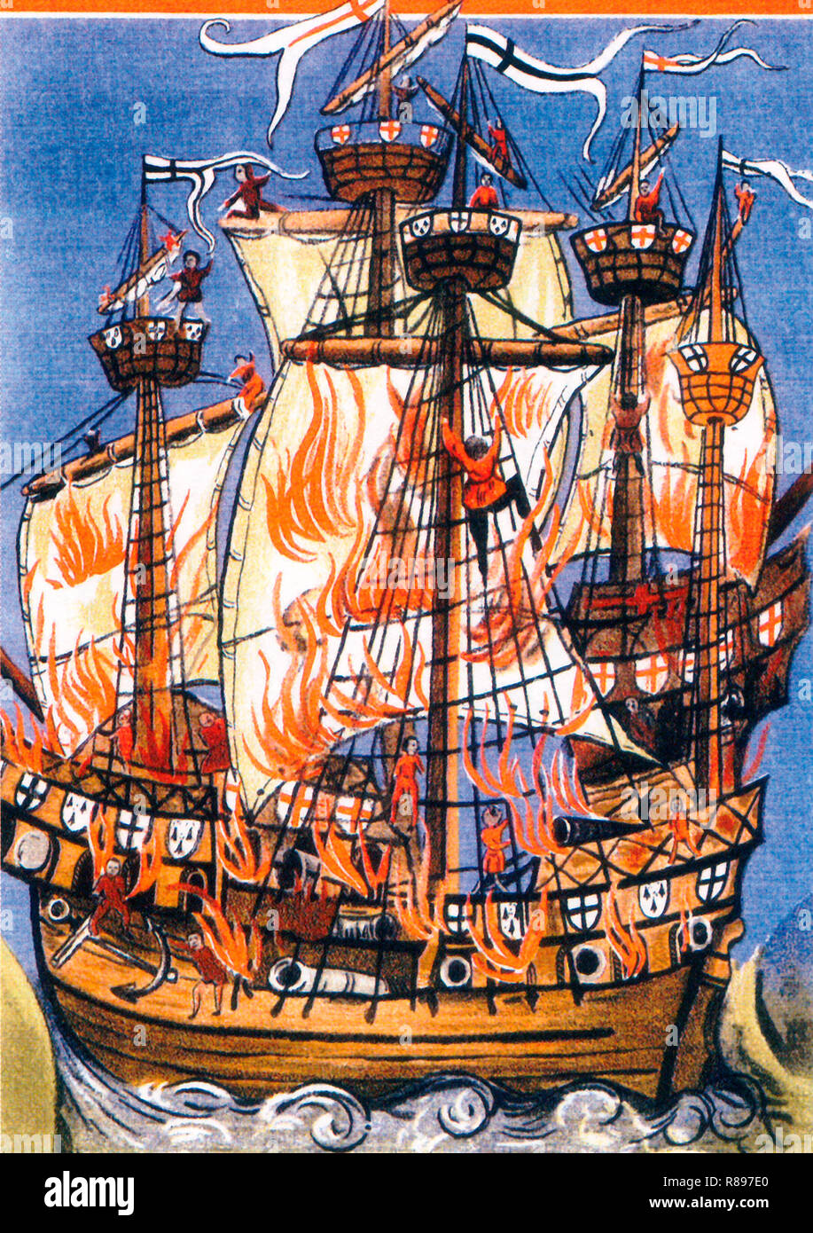 Die französische Kriegsschiff Cordelière und das englische Kriegsschiff Regent funkelnd in der Schlacht von St. Mathieu am 10. August 1512. Illustration für ein episches Gedicht in lateinischer Sprache durch den Gerichtshof dichter Germain de Brie. Stockfoto