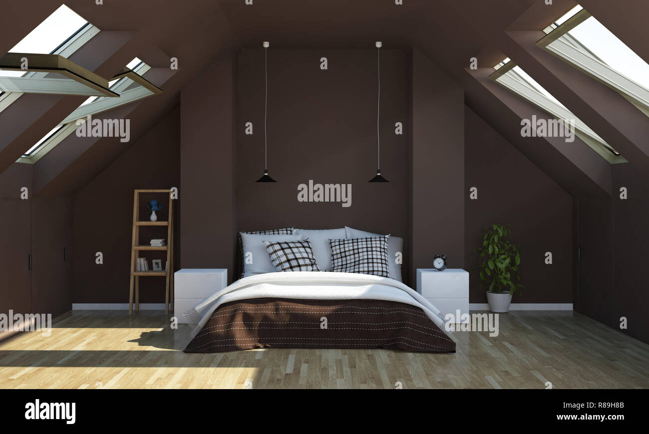 Schlafzimmer In Schokolade Farbe Auf Dachboden 3d Rendering