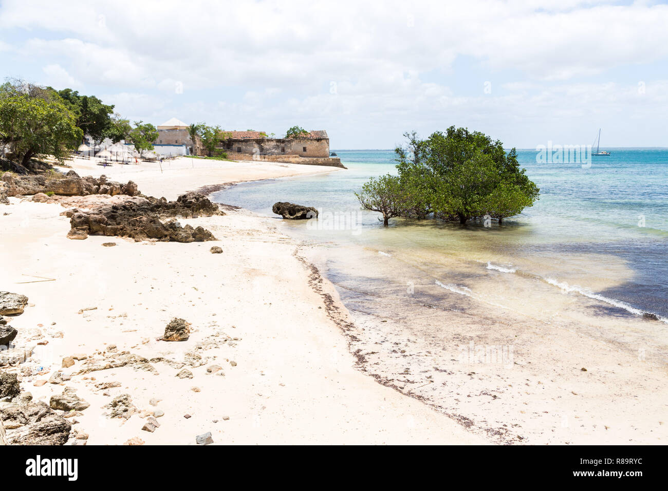 Leere Sandstrand von Mosambik Insel (Ilha de Mocambique), Mangroven und Reste einer Colonial House, Indischer Ozean. Nampula. Portugiesisch Ostafrika. Stockfoto