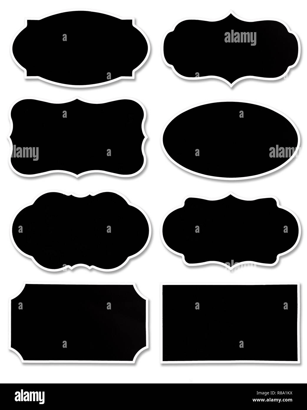 Schwarz von Tag und Sprechblase mit verschiedenen Form mit weißen Rand auf weißem Hintergrund. Sammlung von Dark Label mit kopieren. Stockfoto