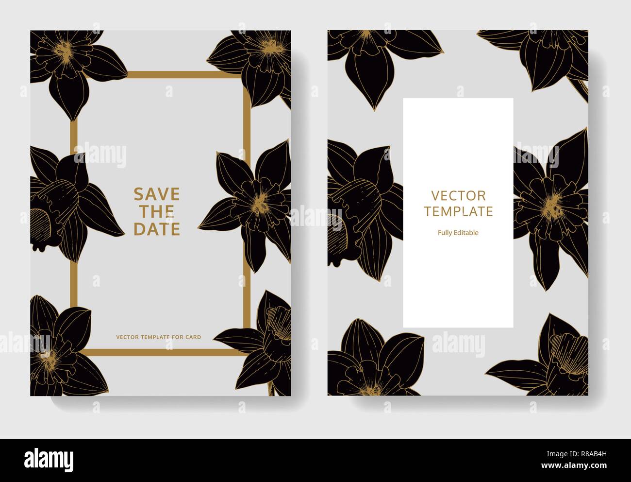 Vektor Narzisse. Hochzeit hintergrund Karte Blumen dekorativ Grenze. Schwarz und weiß eingraviert Tinte Art. Vielen Dank, Rsvp, Einladung elegante Karte illustr Stock Vektor