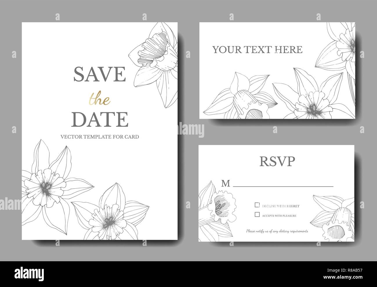 Vektor Narzisse. Hochzeit hintergrund Karte Blumen dekorativ Grenze. Schwarz und weiß eingraviert Tinte Art. Vielen Dank, Rsvp, Einladung elegante Karte illustr Stock Vektor