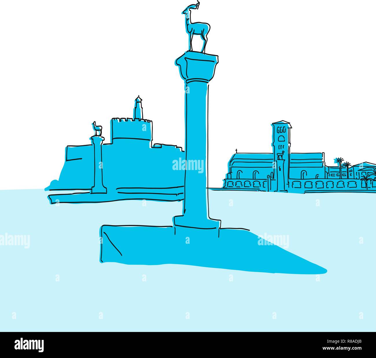 Rhodos Griechenland alte harbror unterzeichnen. Handgezeichneten Vector Illustration. Berühmte Reiseziele Serie. Stock Vektor