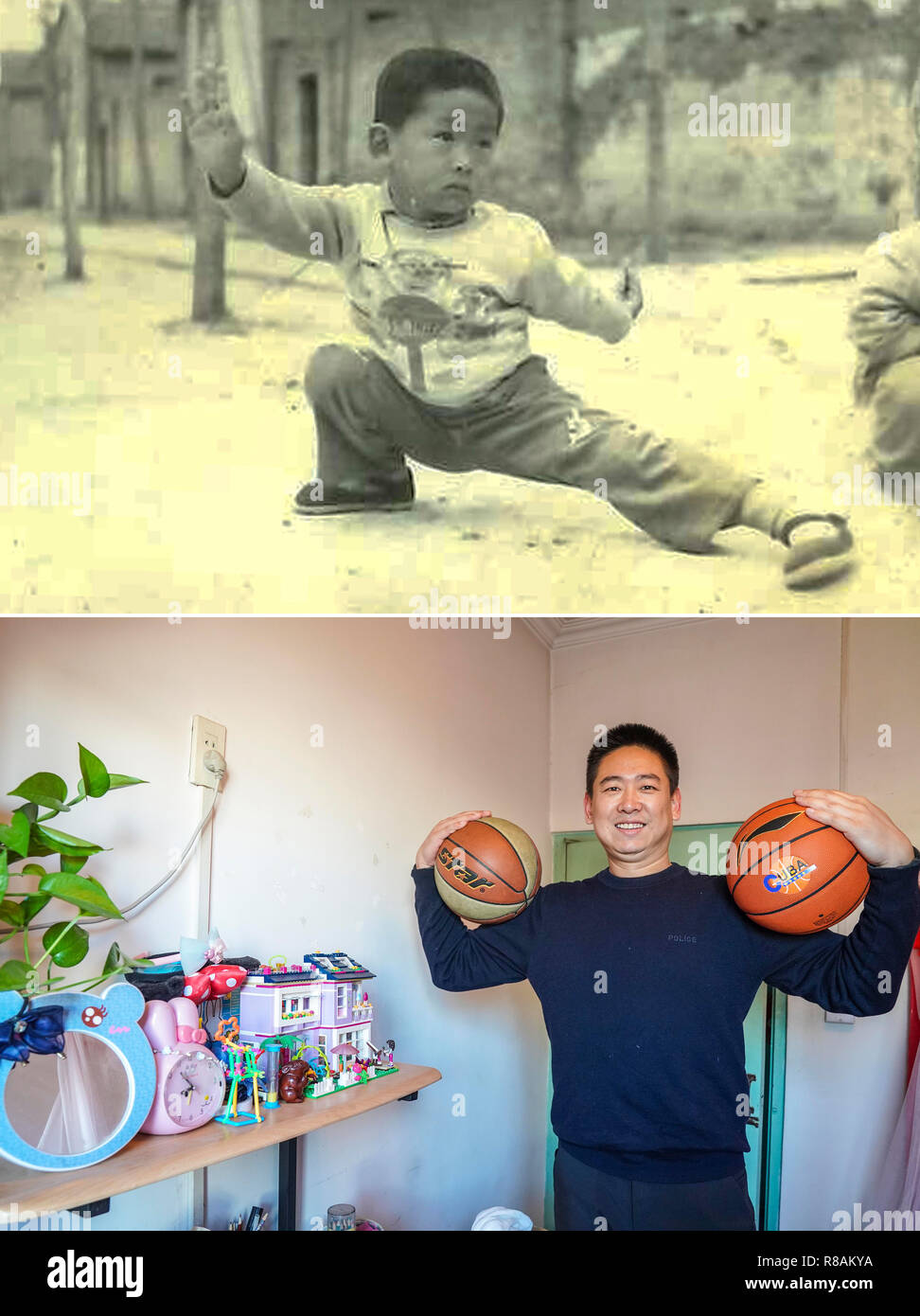 (181214) - Peking, Dez. 14, 2018 (Xinhua) - Der obere Teil dieser Combo Foto 1985 zeigt sechs-jährige Zhou Peng praktizieren Kampfkunst in einem Hochschulcampus wo sein Haus befand, in der ostchinesischen Provinz Shandong. Im unteren Teil der Combo Foto von Yin Schleifring am Nov. 29, 2018 zeigt 39-jährige Zhou Peng für ein Foto mit basketbälle in seiner Wohnung in Peking posieren. Zhou, jetzt einen Lehrer für die öffentliche Sicherheit der Universität von China, sagte, seine größte Kindheitstraum war ein Auto und leben in einem hohen Gebäude zu fahren. Viele "Luxusgüter" in der Vergangenheit haben tägliche su werden Stockfoto