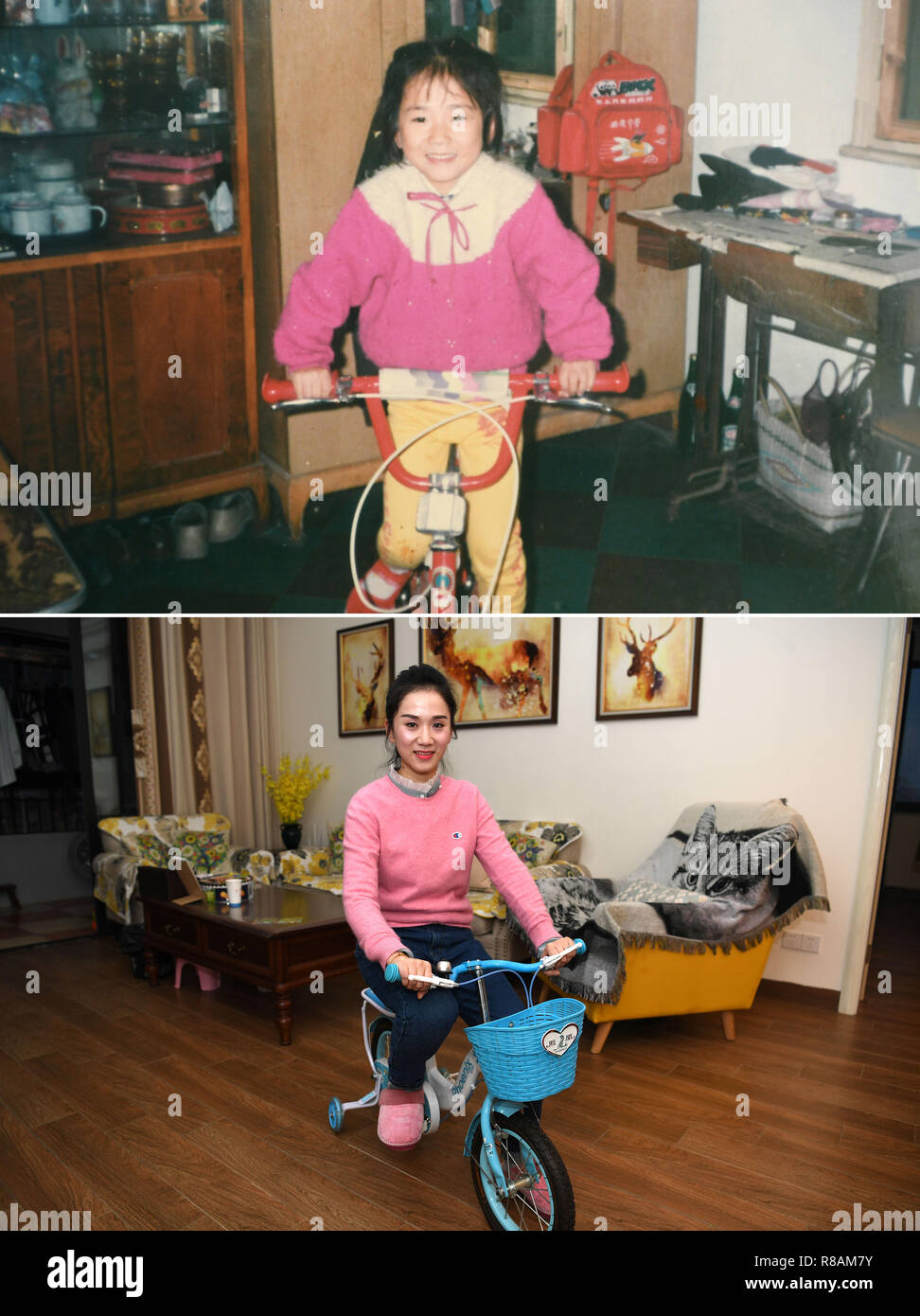 Peking, China. 14 Dez, 2018. Der obere Teil dieser Combo Foto 1994 zeigt sechs-jährige Zhou Aiji Fahrrad zu Hause in Hefei, Anhui Provinz Chinas. Zu dieser Zeit, Zhou's Familie lebte in einer Wohnung mit vorgefertigten Platten gebaut. Im unteren Teil der Combo Foto von Liu Junxi an November 11, 2018 zeigt 30-jährige Zhou Aiji posieren für ein Foto in Ihrem neuen Haus in Hefei. Zhou, der jetzt ein Beamter, befindet sich in einem Appartement von ca. 160 qm, über drei Mal größer als ihre früheren Wohnung. Quelle: Xinhua/Alamy leben Nachrichten Stockfoto